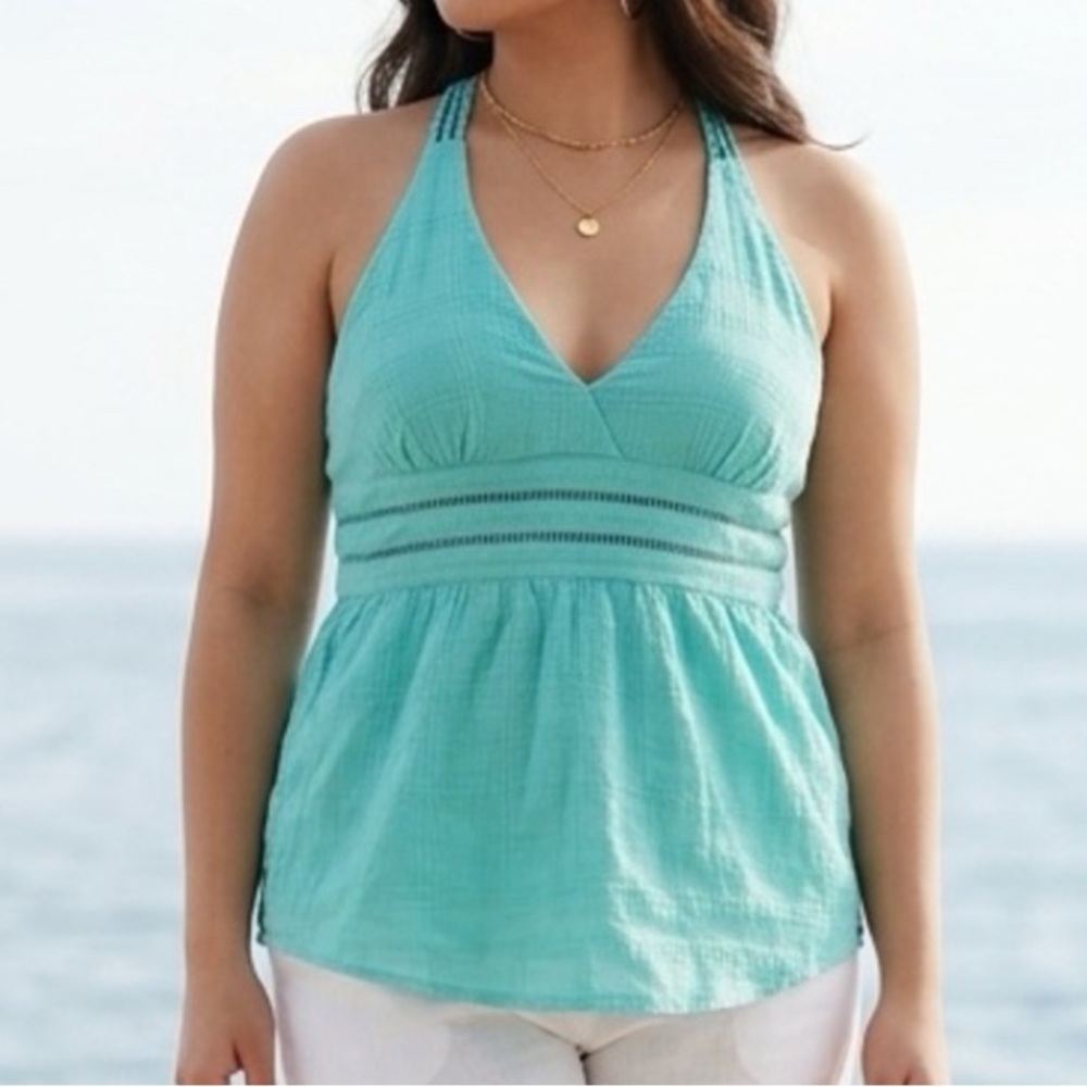 💥 Vintage Guess Teal Halter Crochet Back Tank Top Women Size Large Y2K Turquoise